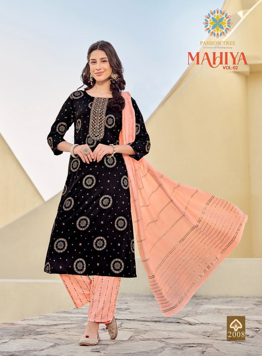 Mahiya Vol 2 By Passion Tree Rayon Gold Printed Kurti With Bottom Dupatta Wholesale Online
